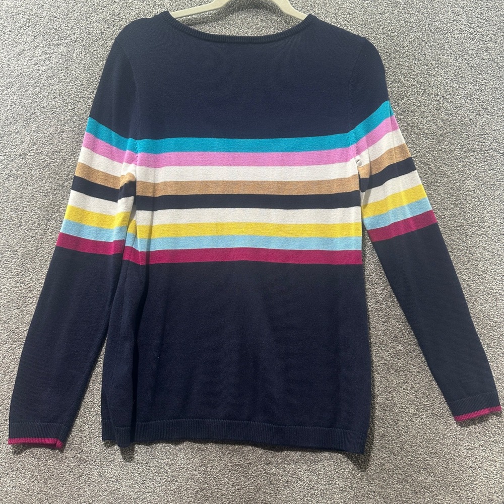 Talbots Pullover Sweater‎ Women Medium Blue Rainbow Striped Button Shoulder